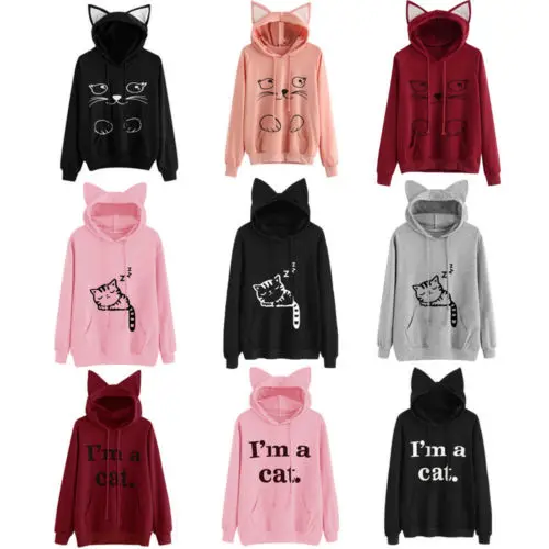  Women Cat Hoodie Long Sleeve Sweatshirt Jumper Coat Hooded Pullover Tops