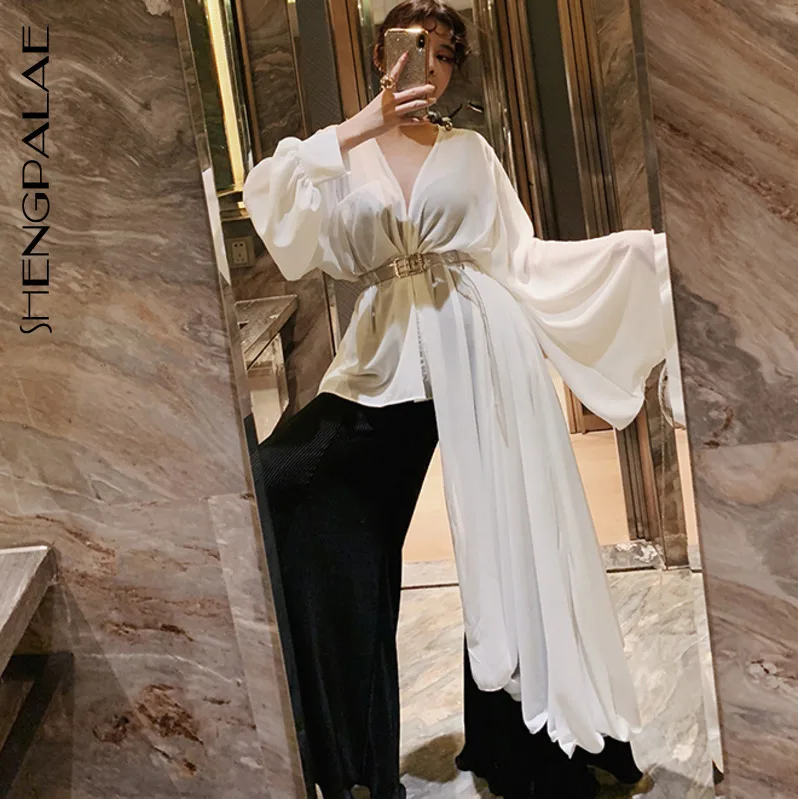 

SHENGPALAE Spring Clothes Woman Minority Design Irregular V Collar Chiffon Shirt Immortal Sunscreen Shirt Small Shirt FM181