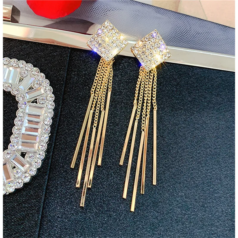 

FYUAN Long Tassel Geometric Drop Earrings for Women New 2019 Bijoux Rhombus Rhinestone Crystal Dangle Earring Statement Jewelry