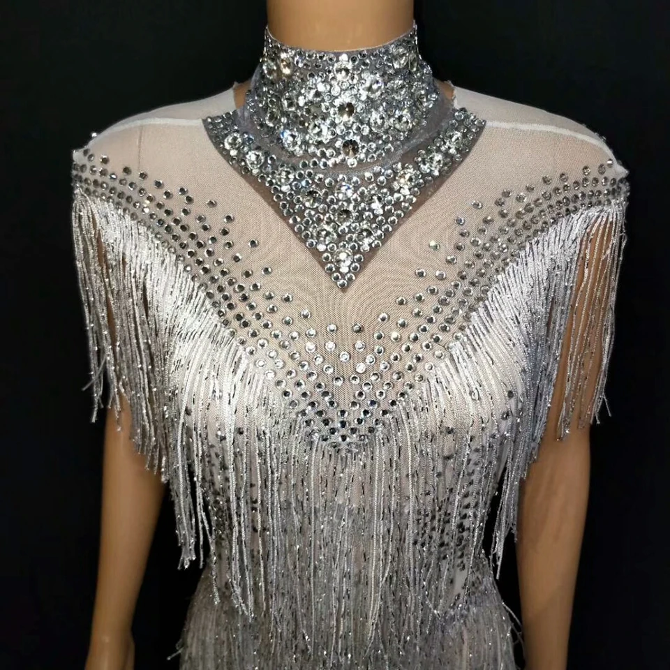 Новые кристаллы, Сетчатое прозрачное длинное платье с бахромой, женское платье на день рождения, вечернее платье, сексуальное Бандажное белое платье с кисточками, одежда для сцены