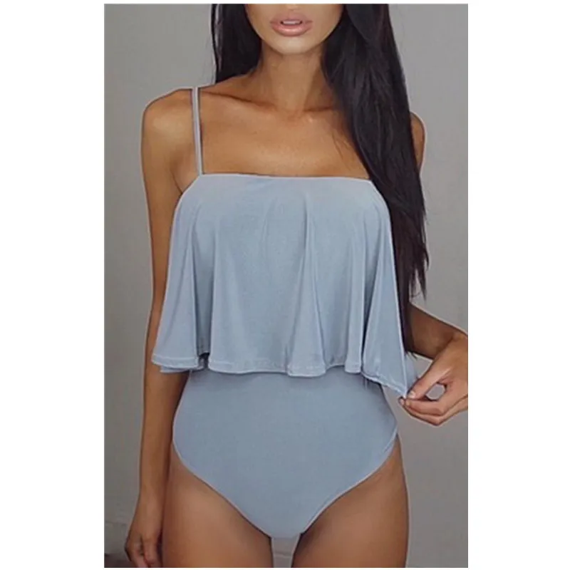 

2019 Sexy Ruffled One Piece Swimsuit Women Solid Monokini Swimwear Solid Color Strap Backless