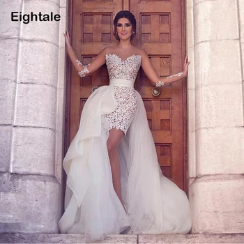 

Eightale Two Piece Wedding Dress Scoop Appliqued with Detachable Train Lace Dubai Wedding Gown Long Sleeves Boho Bride Dress