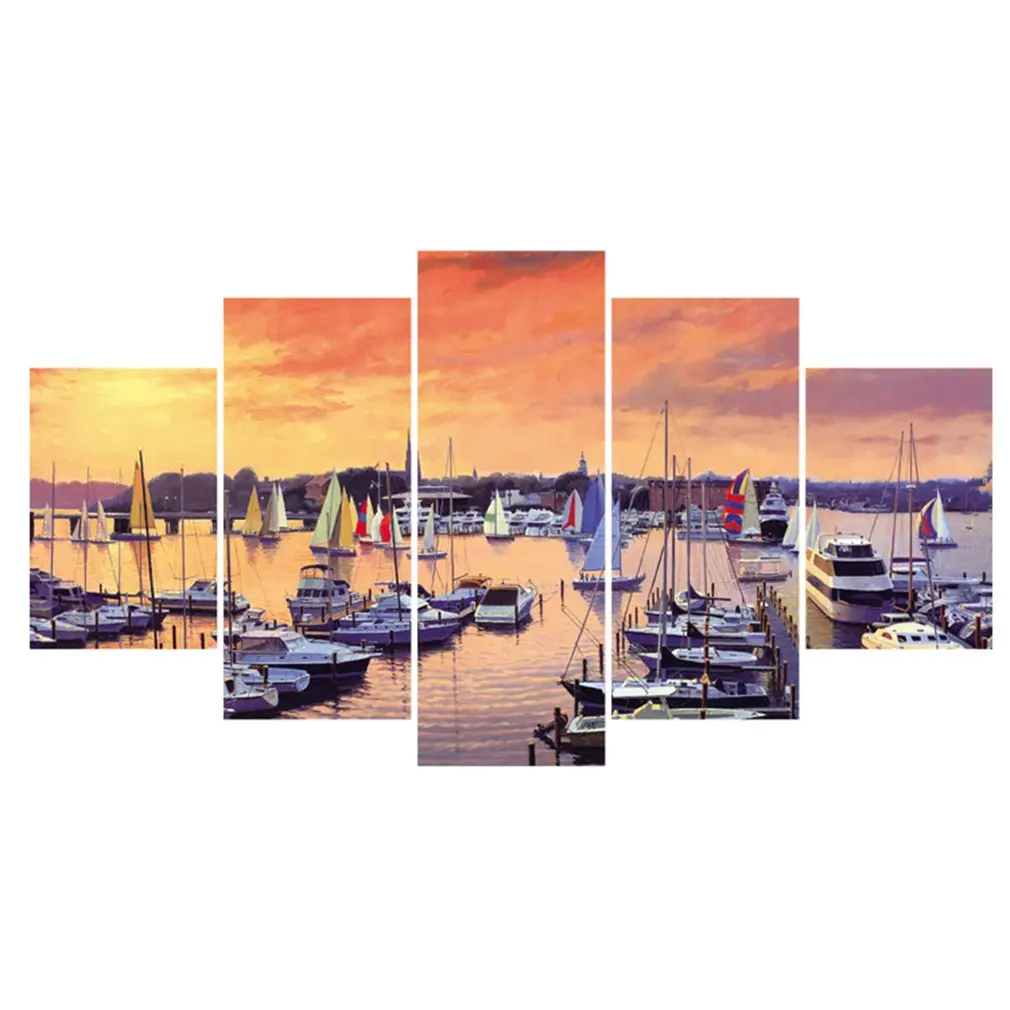 

Wall Art Decor Canvas Prints Paintings 5 Pieces/SET Sunset Seaside Ship Pattern Poster Pictures for Home Living Room