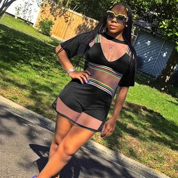 

Women Sexy Three PIECE SET Mesh Shorts Crop Top Bra Short Sleeve Tracksuit Female 3 PIECE Set Summer Outfits Matching Beach Suit