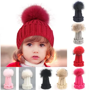 

Baby winter knitted hat with pompom kids warm cap Cute Winter Kids Baby Hats Knitted Wool Hemming Hat