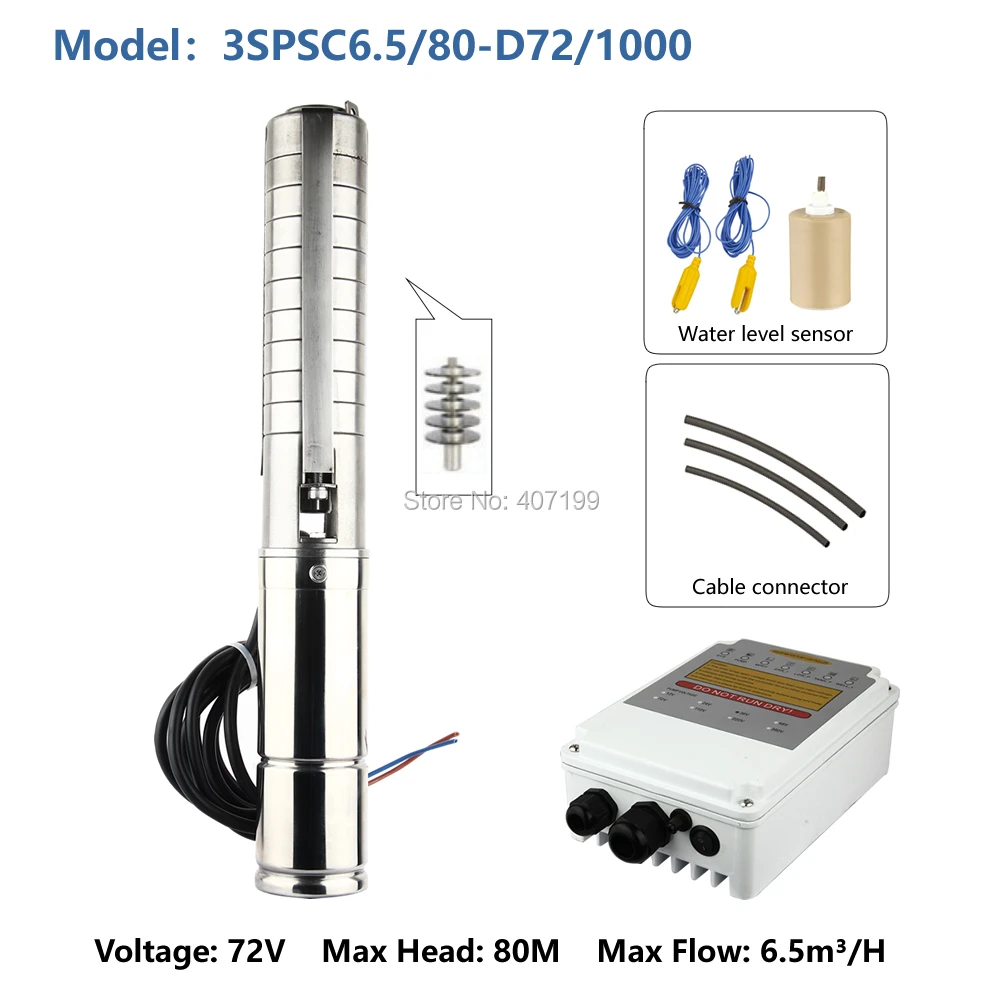 

DC 72V max 6500L/H Lift 80m stainless steel Deep Well Submersible solar Electric Water pump 3SPSC6.5/80-D72/1000