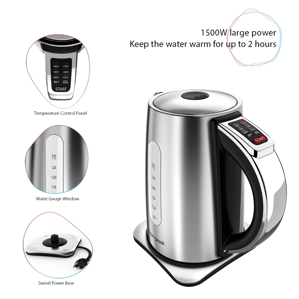 

Homgeek 1.7L Stainless Steel Electric Kettle Cordless Electric Jug Kettle with Temperature Control