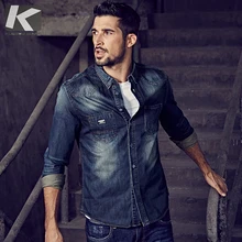 KUEGOU осень хлопок синяя джинсовая рубашка мужская одежда на пуговицах Повседневная приталенная с длинным рукавом для мужчин Модная брендовая блузка 15005