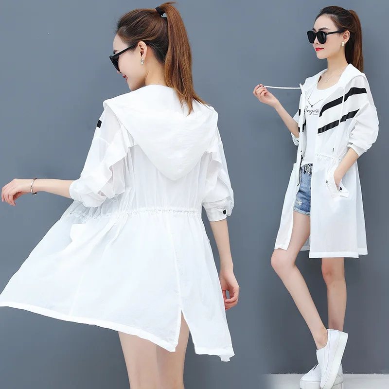 

#3525 White Pink Long Windbreaker Coat Women Hooded Loose Summer Casual Thin Sunscreen Jacket Woman Drawstring Waist Outerwear