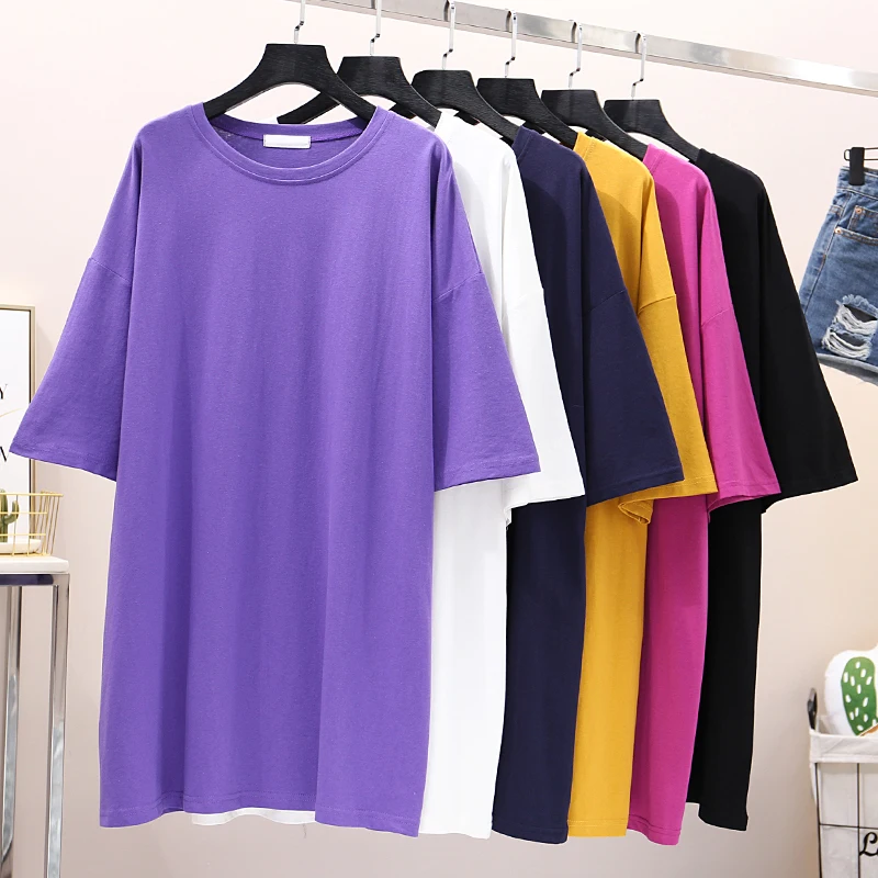 

Hot Sales Short Sleeve T Shirt Women Casual Round Neck Solid Color Black White Harajuku Midi Long T Shirts Woman Tops Tees
