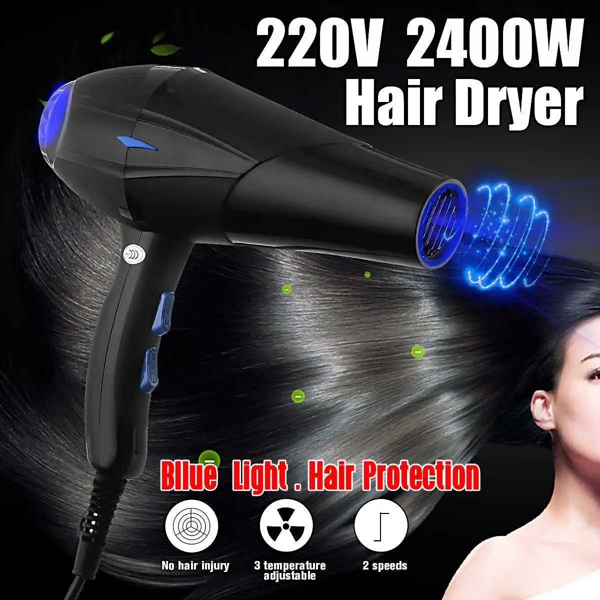

2400W 220V US Plug Professional Electric Blue light Blow Hair Salon Dryer Fast Heating Blower Adjust Heat Speed Tempreture Salon