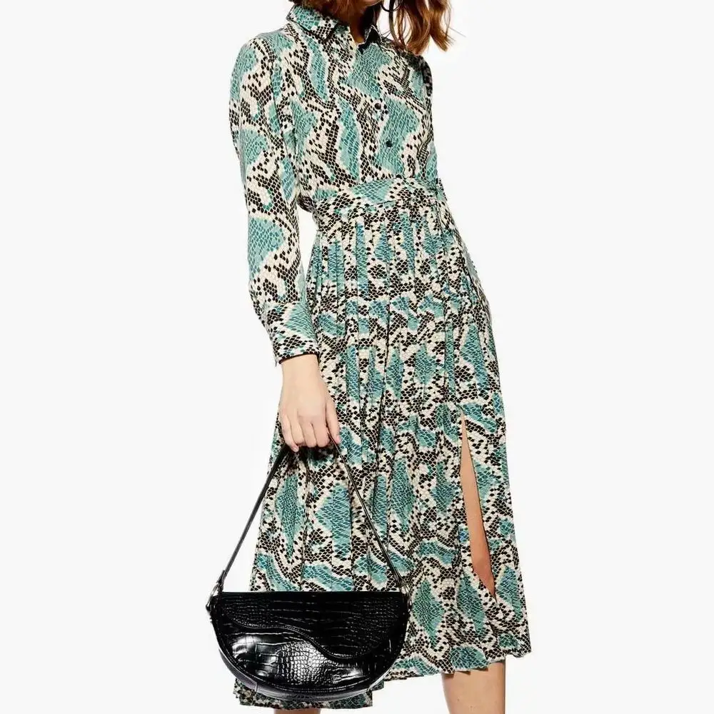 

Spring 2019 New Women Dresses Vintage Retro Look Animal Pattern Colorful Snake Print Female Ankle Length Dress Vestidos Feminino