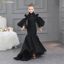 Роскошные платья с цветочным узором для девочек на свадьбу; черный костюм для дня рождения; платье для выпускного вечера для девочек; платье для торжеств с высоким воротником для девочек