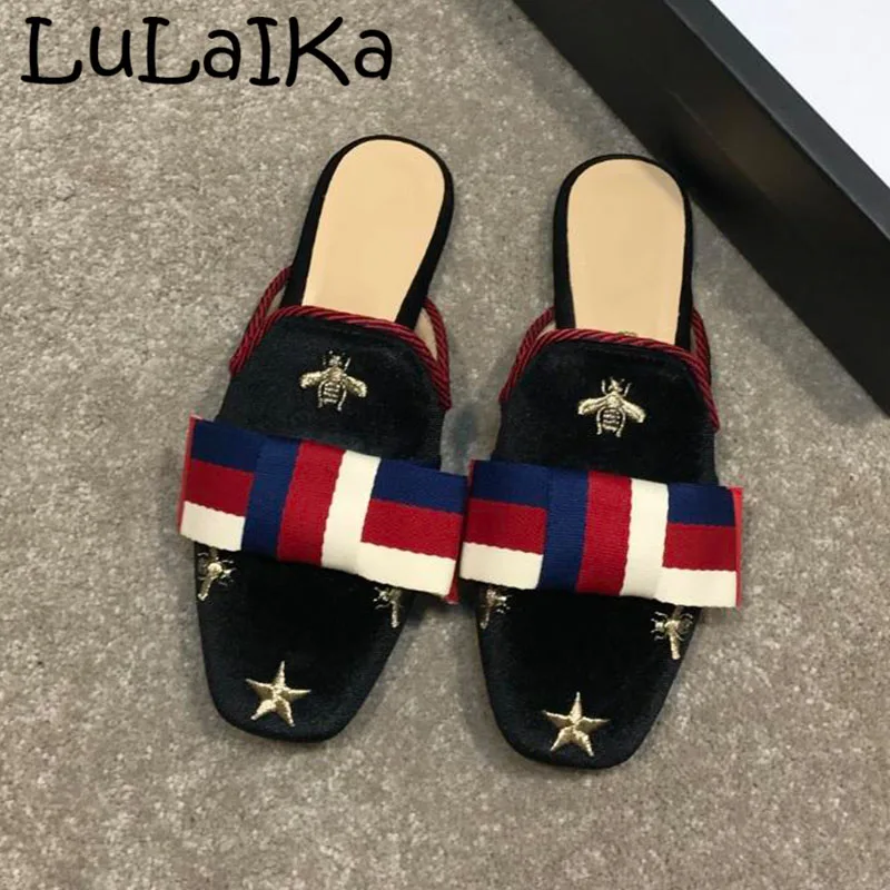 

2019 Fashion New Brand Spell Color Lady Round Head Shoes Summer Sexy Embroidery Indoor Outdoor Woman slippers
