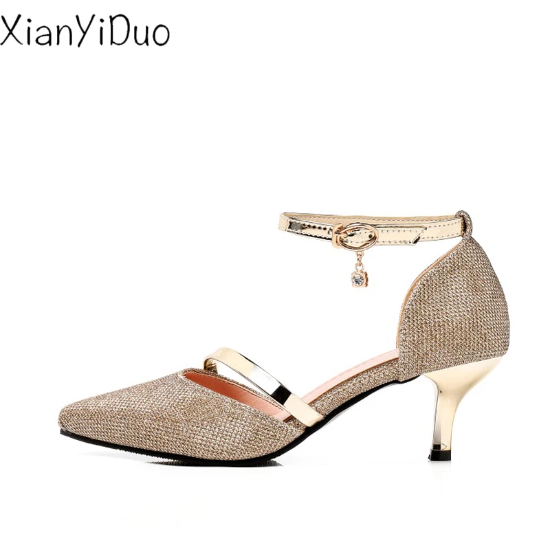 

2019 new Summer Womens shoes Closed toe thin high Heel bling Pointed Toe sandals party fashion big size 34-46 Silver Gold /a-52