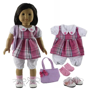 

Hot 4in1 Set Doll Clothes+Shoes+Pink Socks+Pink Bag for 18'' American Doll Handmade Clothes Outfit