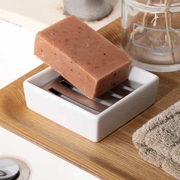 

1pc Ceramic Soap Dish Stainless Steel Square Drain Double Layer Soap Tray Holder Drainer for Shower Kitchen Bathroom