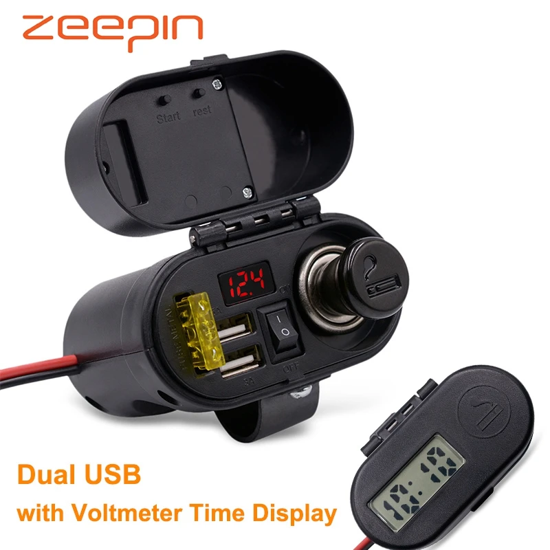 

Motorcycle Cigarette Lighter USB Charger with Voltmeter Time Display DC 12V/24V 3A Dual USB Charging for Smartphone Tablet GPS