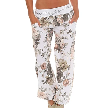 

NEW-Casual Women Flower Print Pants Drawstring Wide Leg Pants Loose Straight Long Female Trousers Autumn