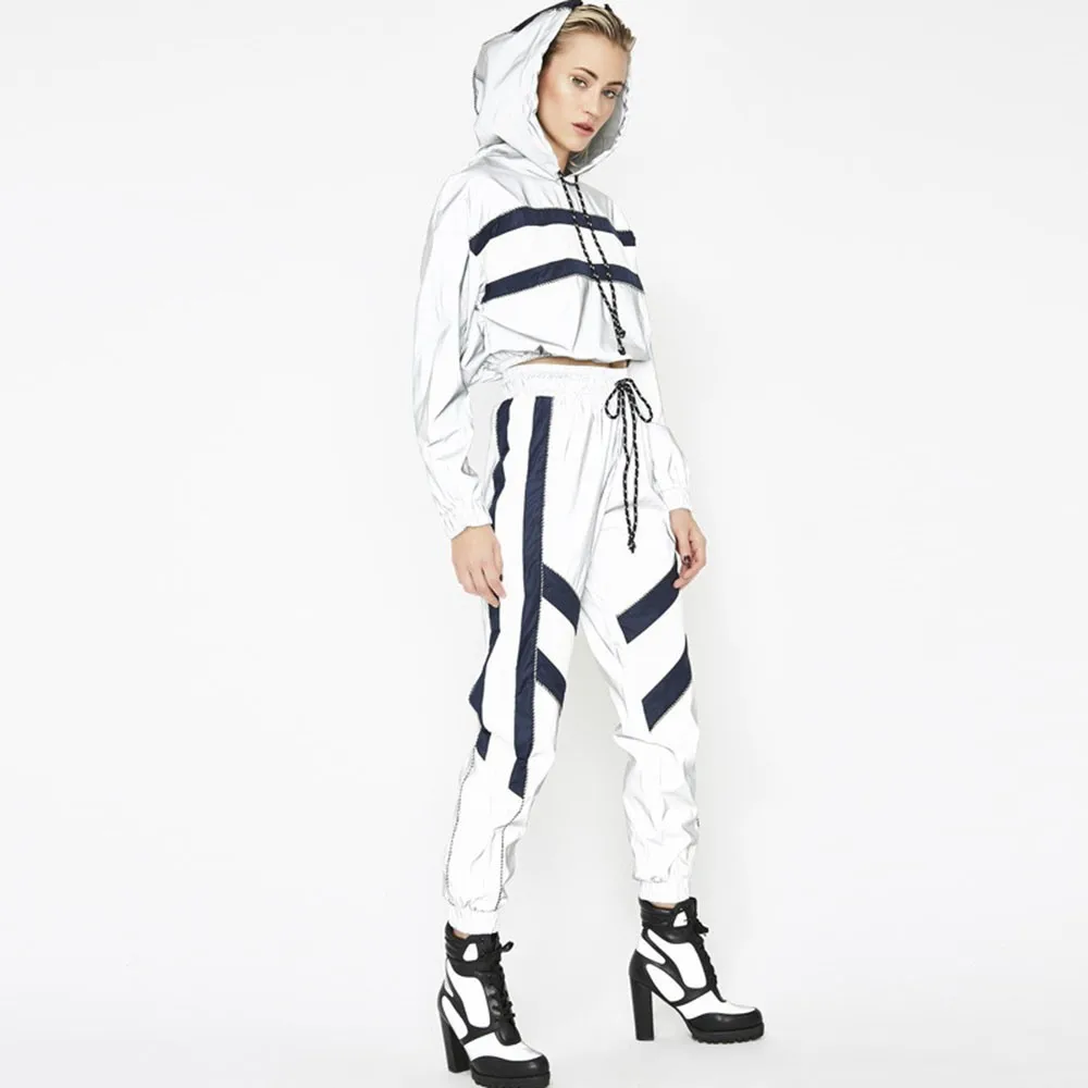 White Reflective Sweatsuit Woman Sets Drawstring Stripe Cropped Hoodie