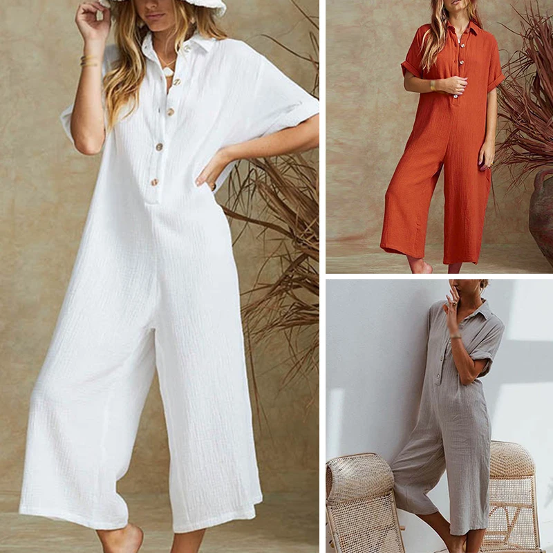 Women jumpsuit cotton linen solid color Lady Summer overalls Loose Harem Pants Long Trousers Casual Buttons wide leg Jumpsuits Women jumpsuit cotton linen solid color Lady Summer overalls Loose Harem Pants Long Trousers Casual Buttons wide leg Jumpsuits