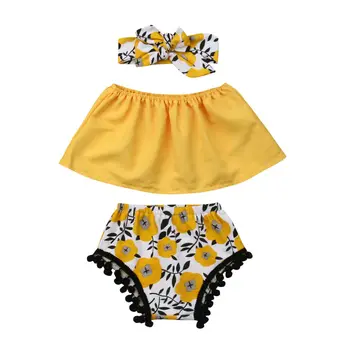 

0-18M Cute Newborn Baby Girl Off shoulder Crop Tops Floral Tassel Ball Baby Bloomers Shorts Headband 3PCS Summer Clothes Set