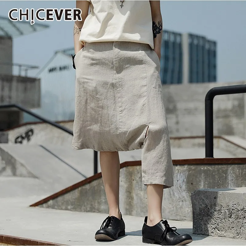 

CHICEVER Summer Casual Solid Irregular Harem Pants For Women Elastic Waist Pockets Female Knee Length Pant 2019 Fashion New