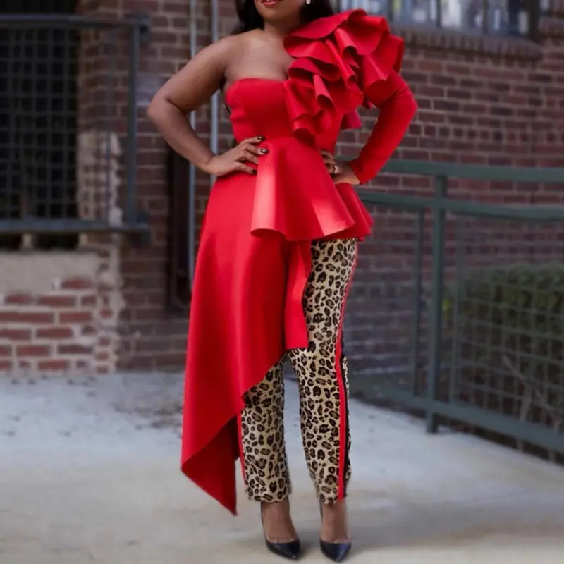

Sexy Ruffle Blouse Long Sleeve Women Tops Party Asymmetric Hem Falbala Red Elegant Shirt Stretch Slim African Ladies Blouses