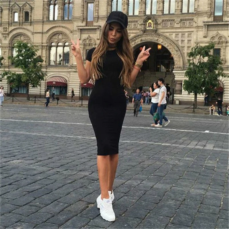 

Womens solid color Dress Vestido Short Sleeve Slim Bodycon Dress Tunic Crew Neck Casual Pencil Dress New Arrival 2019