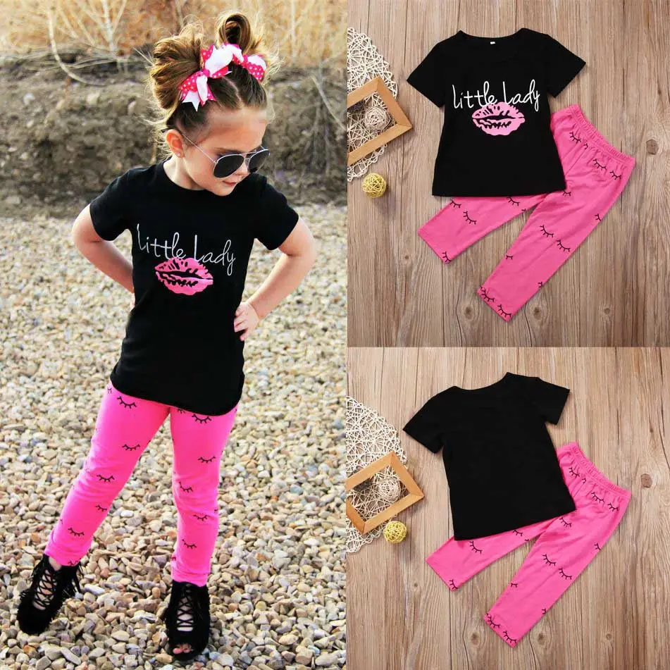 USA 1-6Year Kid Clothes Baby Girl Clothes Outfits T-shirt Letter Lip Tops +Printed Long Pants Girls Sets