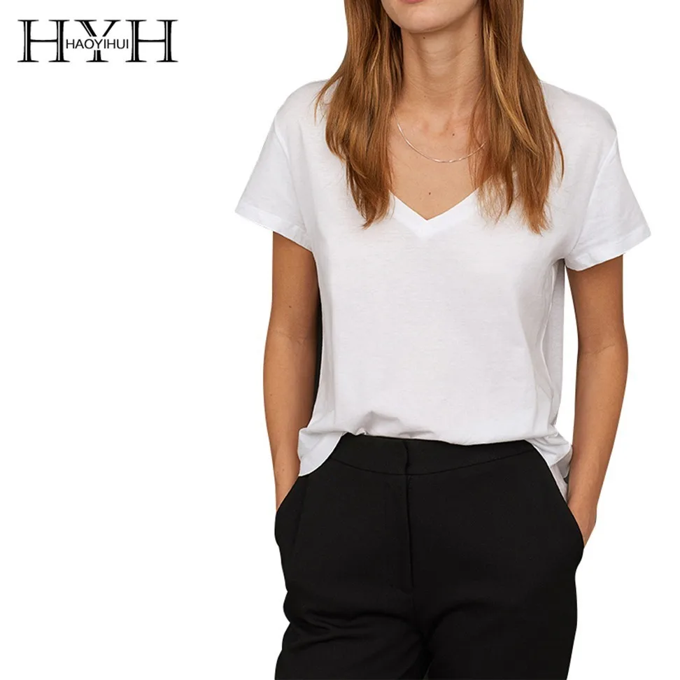 

HYH Haoyihui Simplicity Jacket Sexy V Collar Leisure Time White Pure Color Short Sleeve Sweet Streetwear Tops Summer Women