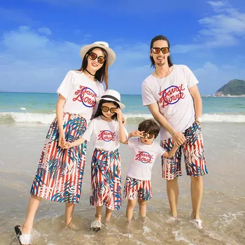 

Bohemian Style Family Clothing Men Boy Father Son T-Shirt Shorts Women Girl Mother Daughter T Shirt And Skirt Cotton Clothes Set