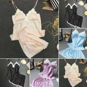 

Women Satin Lace Sleepwear Babydoll Lingerie Nightwear Shorts Pyjamas Set