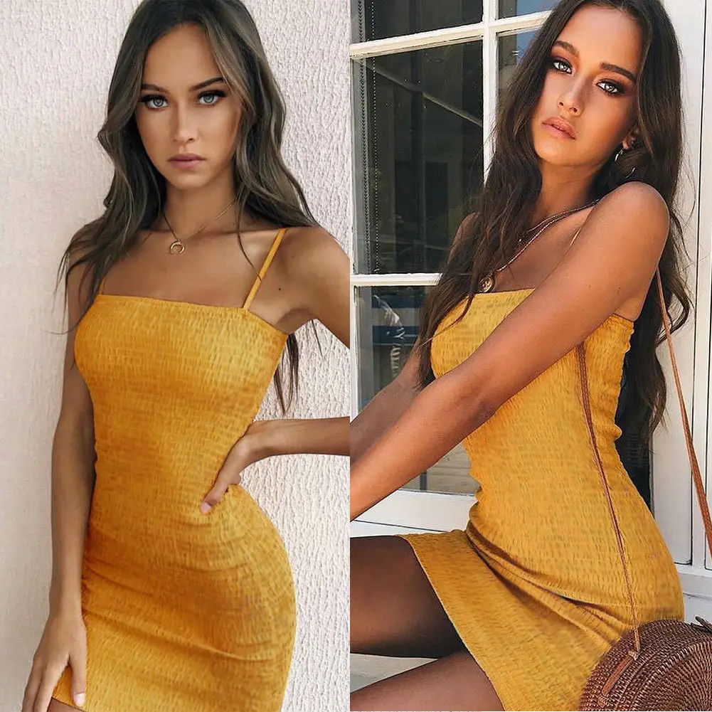 

2019 New Brand Women Summer Sleeveless Sexy Suspender Strap Dresses Bodycon Party Casual Short Yellow Mini Dress