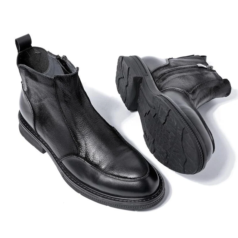 High End Men's Winter Shoes Full Grain Leather Businessman Elegant Zip