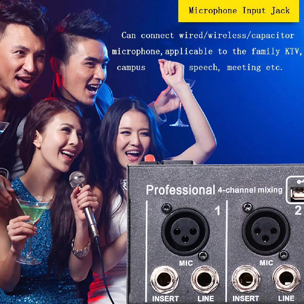 UNS stecker schwarz Mini Karaoke Audio Mixer Verstärker Professionelle Mikrofon Mischen Sound Konsole 4 Kanal USB 48V Phantom Power UNS stecker schwarz Mini Karaoke Audio Mixer Verstärker Professionelle Mikrofon Mischen Sound Konsole 4 Kanal USB 48V Phantom Power