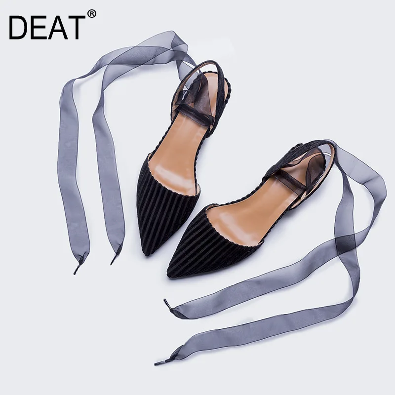 

[DEAT] 2019 New Spring Summer Sharp Toe Shallow Corduroy Cross Bandage Simple Casual High Heels Sandals Women Fashion 10SJ316