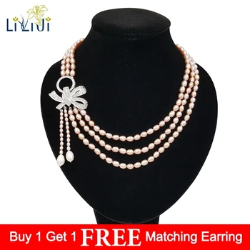 

Lii Ji High Luster Purple Pink Color Real Freshwater Pearl 3 Rows Bowknot Elegant Necklace 45cm For Women Weding