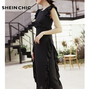 

2019 Summer Runway Women Office Lady Dress Elegant Black Ruffles Butterfly Sleeve Midi Dress Business Female Chiffon Work Dress