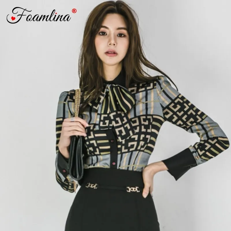 

Women Elegant Blouse Shirt 2019 Spring Summer Bowknot Collar Long Sleeve Floral Print Single Breated Casual Office Work Shirt