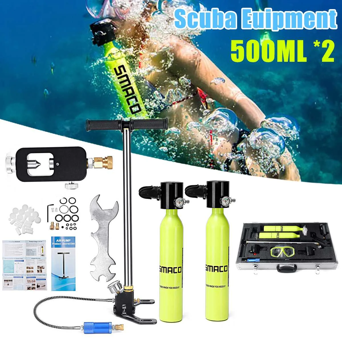 

6 in 1 500ml Diving System Mini Scuba Cylinder Scuba Oxygen Reserve Air Tank Pump Aluminum Box Snorkeling Diving Equipment Set