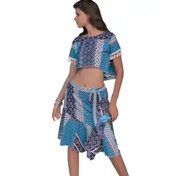 Для женщин наборы для ухода за кожей модные принт в этническом стиле кисточкой укороченная Футболка шифон сексуальная юбка девочек новый