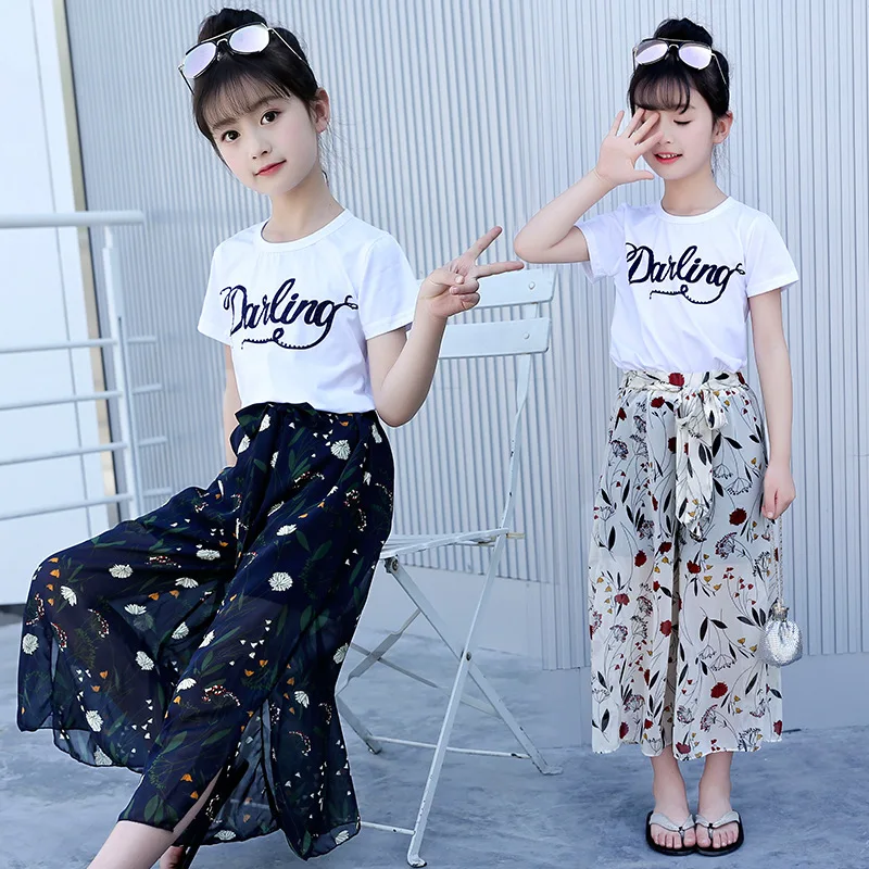 

Children clothing Girls' Set Summer New Cotton Letter Short Sleeve T-Shirt and Chiffon Wide Leg Pants 3-12 years