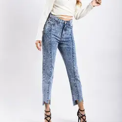 Европа Америка Высокая талия прямые джинсы для женщин для мода нерегулярные джинсовые брюки женские повседневное свободные мотобрюки