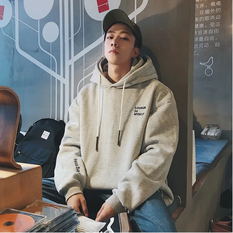 

Fashion Men's Casual New Winter M-XL Personality Temperament Long-sleeved Youth Plus Velvet Cotton Solid Color Hooded Sweatshirt