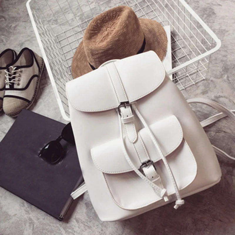 

Fashionable Women's Pull-Rope Pu Leather Backpack Belt Decoration Schoolbag Student Shoulder Bag(White)