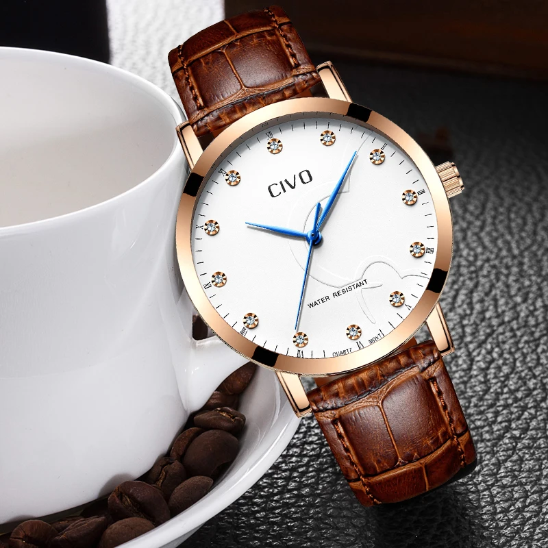 

CIVO Fashion Luxury Top Brand Minimalist Quartz Watch Men Waterproof Date Watches Brown Genuine Leather Wristwatches Clock