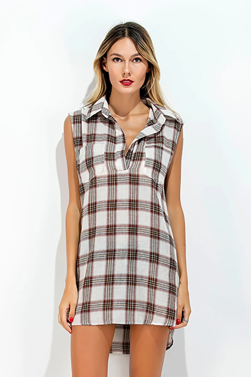 

2019 new fashion original design lattice long shirt casual elegant lapel sleeveless chiffon shirt asymmetrical