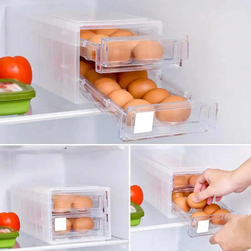 Стойка для хранения яиц двухслойная 24 Сетка Высококачественная анти-столкновения с крышкой и выдвижным ящиком практичная кухонная коробка для хранения холодильника