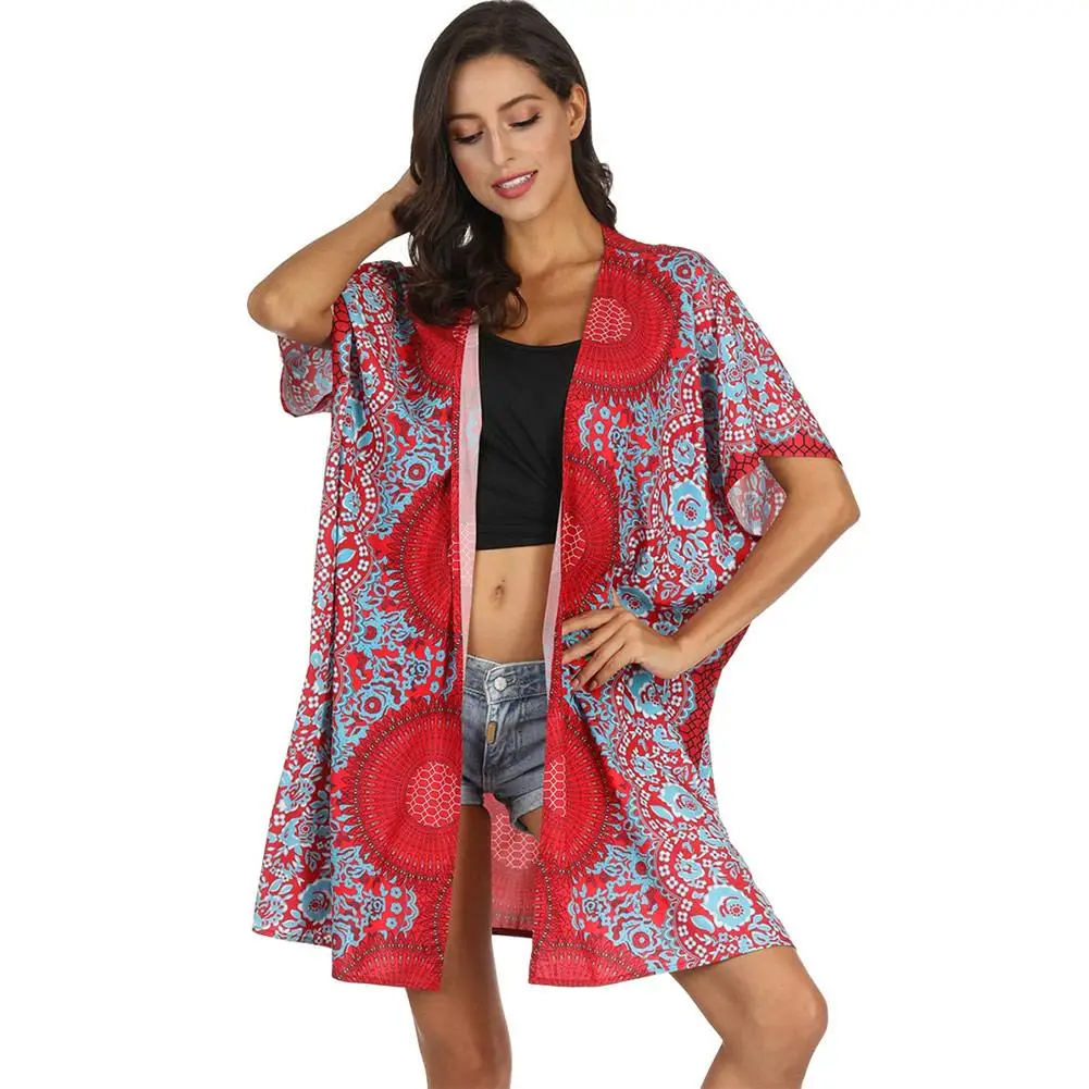 

2019 New Ethnic Style Sunscreen Shirt Digital Printing Long Beach Dress Cover Up Short Sleeve Smock Clothes For Women